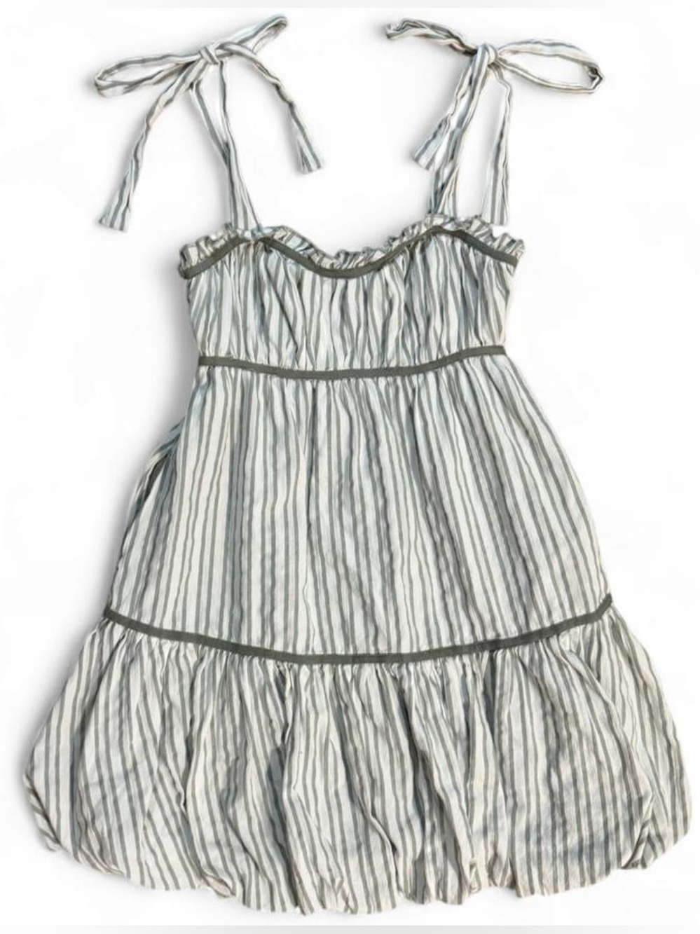 Listicle Cotton Sage Green & White Striped Bubble Hem Mini Dress